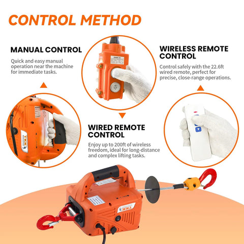 Orange 3-in-1 electric hoist winch with wireless and wired remotes; visible lifting hook and cable.