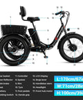 All Terrain Fat Tire Electric Tricycle For Adults With 750W Peak Motor, 36V 13Ah Lithium Battery, UL Certified, 15 MPH Top Speed, 3 Wheel Foldable E Bike, 20x4 Fat Tires, 80 Percent Assembled, Black, side view with basket