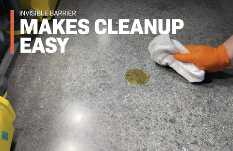 Heavy Duty Penetrating Concrete Sealer And Ultra Concentrate Water Oil Salt Repellent applied to concrete for easy cleanup.