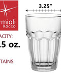 Stackable 12.5oz Glass Tumblers Set Of 6 For Sodas Juices Milk Beer And Spirits Dishwasher Safe Durable Tempered Glass Drinkware For Everyday Home Bar Use, shown with dimensions and capacity.