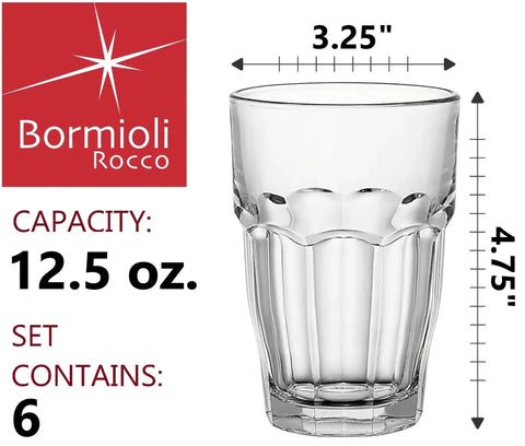 Stackable 12.5oz Glass Tumblers Set Of 6 For Sodas Juices Milk Beer And Spirits Dishwasher Safe Durable Tempered Glass Drinkware For Everyday Home Bar Use, shown with dimensions and capacity.
