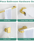 Brass Bathroom Hardware Set in Brushed Gold with Towel Ring, Towel Bar, Toilet Paper Holder and Robe Hook shown in four angles