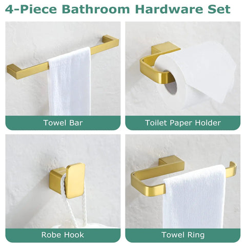 Brass Bathroom Hardware Set in Brushed Gold with Towel Ring, Towel Bar, Toilet Paper Holder and Robe Hook shown in four angles
