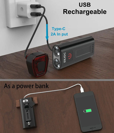 6400mAh USB C Bike Lights Set With 1200 Lumen Front Headlight And Taillight Aluminum Alloy Build IPX5 Waterproof Five Modes Color Options White Red Black Long Battery Life Up To 11+ Hours USB Power Bank Capability