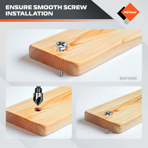 Five Flute Countersink Drill Bit Set Pro Grade With HSS 4241 Steel 82 Degree Counter Sink Bits demonstrating smooth screw installation on wood.