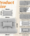 Hanging Egg Chair Cushion Set With Headrest Pillow, Waterproof Replacement Pad For Indoor Outdoor Patio Porch Swing Hammock, 28x39x6 Inch Seat Cushion And 16x9 Inch Headrest, Elastic Straps, Gray. Image shows the cushion set details, waterproof fabric, and included lumbar pillow with measurements.