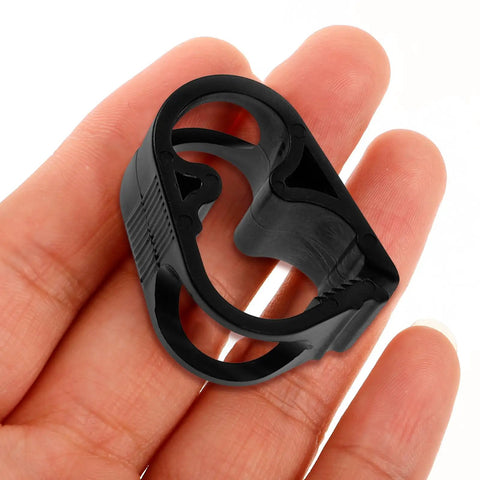 Close-up of one clamp from adjustable plastic tubing clamps set of 5 for water flow control, held in hand, showing black plastic material.