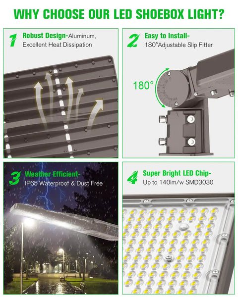 240W LED Parking Lot Light With Photocell visual features including adjustable slip fitter, heat dissipation, IP65 rating, SMD3030 chip