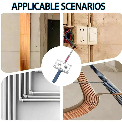 Professional Automatic Wire Puller And Cable Threader For Conduit shown in various installation scenarios with PVC and metal pipes.