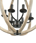 Six Light Farmhouse Chandelier With Rustic Wooden Globe Orb Open Sphere Pendant Light showing wood and metal detailing, 20 inch