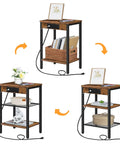 Space Saver Side Table With Built In Charging Station And USB Type C Port 3 tier nightstand, rustic brown finish, shown with decor