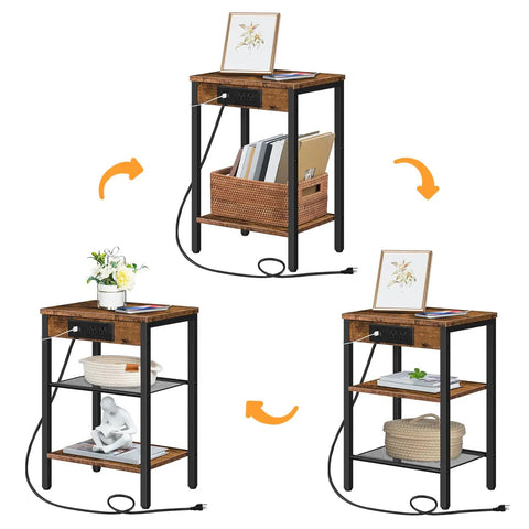 Space Saver Side Table With Built In Charging Station And USB Type C Port 3 tier nightstand, rustic brown finish, shown with decor