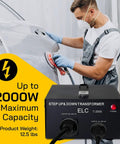 Technician using Beefy 2000 Watt Maximum Voltage Converter Transformer For 110V To 220V Devices in workshop setting