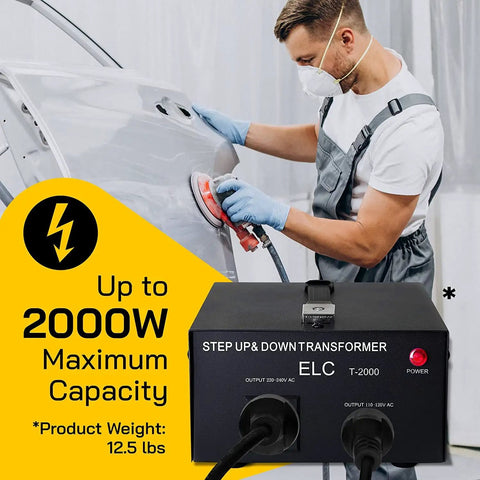 Technician using Beefy 2000 Watt Maximum Voltage Converter Transformer For 110V To 220V Devices in workshop setting