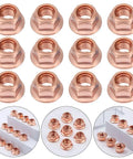 Heavy Duty 12 Pack M8 Hex Nuts For Exhaust Manifold Copper Flashed Engine Hardware High Heat Resistant Fastener Kit arranged in rows.