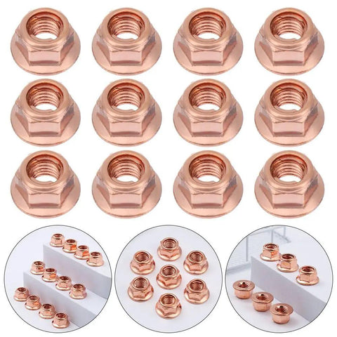 Heavy Duty 12 Pack M8 Hex Nuts For Exhaust Manifold Copper Flashed Engine Hardware High Heat Resistant Fastener Kit arranged in rows.