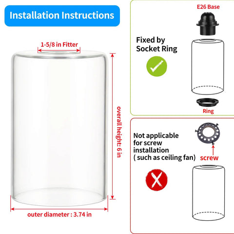 Installation instructions for clear lipless glass lamp shade cylindrical light cover with fitter opening replacement for chandeliers.