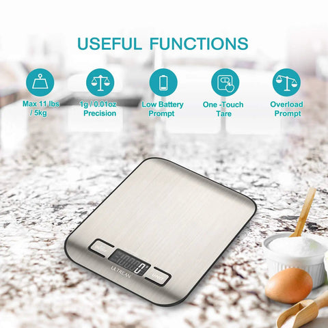 Digital Kitchen Scale With LCD Display And High Precision Weighing In Grams And Ounces, 11lb Capacity, Tare Function, Stainless Steel Surface