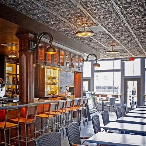 Restaurant interior with Dope 2x2 PVC Ceiling Tile Set For Easy Makeover Lay In Or Glue Up 10 Piece Pack Covers 40 Sq Ft Patina Finish