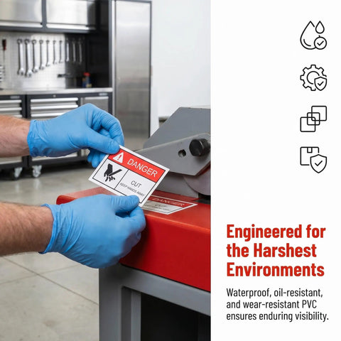 Hands applying 5 Pack Machinery Safety Stickers Keep Hands Away Hazard Decal For Moving Parts And Equipment Warning Sign