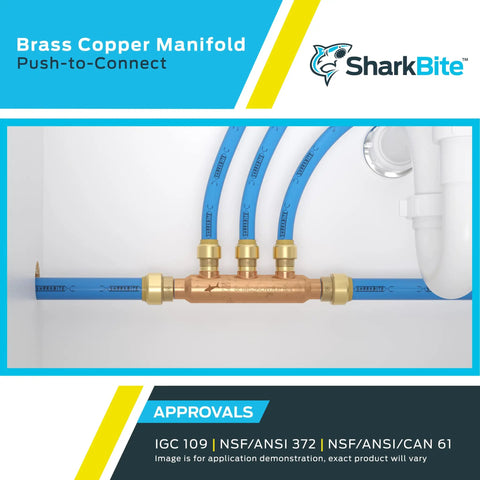 Open Four Port Push To Connect Brass Plumbing Tee Three Quarter Inch Inlet To One Half Inch Outlets For PEX Copper CPVC Systems