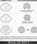 Diagram showing cabinet styles and recommended Premium Natural Wood Lazy Susan With Double Tier Spinning Design options for installation.