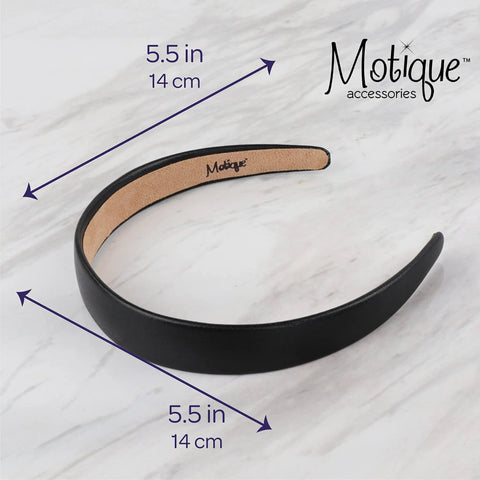 One Inch Vegan Leather Headband For Women Non Slip Hair Band Black on marble surface measuring 5.5 inches.