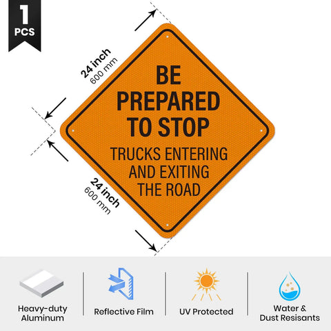 Be Prepared to Stop Sign for Trucks Entering and Exiting the Road 24x24 Inch Reflective Aluminum Traffic Safety Sign front view