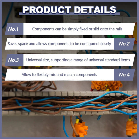 10 Pack DIN Mounting Rails High Slotted Extruded Metal Rail for Hardware Components Mounting, silver, with cables and connectors.