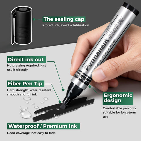 Extra Large Permanent Markers With Smooth As Butter Chisel Tips And Legit Fast Dry Waterproof Ink In Black Red Blue And Green For Crushing Through Cardboard Or Cranking Out Bold Labels With Zero Fade In This 12 Pack Bundle with sealing cap and fiber tip shown