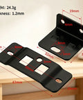 Heavy Duty Quick Fit Furniture Joint Brackets Set 4/8/16/32 Pcs, Rustproof Stainless Steel Removable L Shape Fasteners for Cabinets, Drawers, Tables, Beds, Black Finish, with dimensions and thickness details displayed