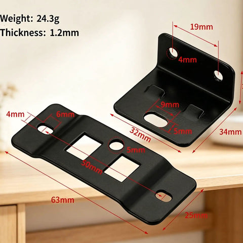 Heavy Duty Quick Fit Furniture Joint Brackets Set 4/8/16/32 Pcs, Rustproof Stainless Steel Removable L Shape Fasteners for Cabinets, Drawers, Tables, Beds, Black Finish, with dimensions and thickness details displayed
