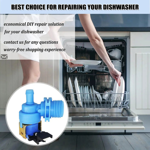 Dishwasher Inlet Valve Replacement W10327249 WPW10327249 Easy Fit shown next to open dishwasher with person loading dishes