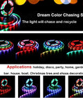 Rainbow RGB LED Strip Lights Kit 32.8ft 12V Waterproof Neon Pixel With Remote Controller showing color patterns and use cases