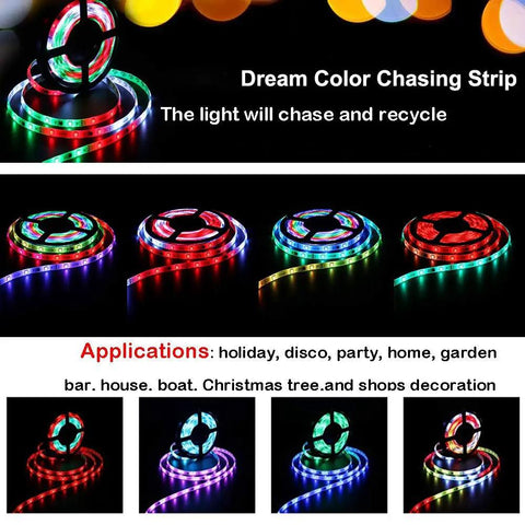 Rainbow RGB LED Strip Lights Kit 32.8ft 12V Waterproof Neon Pixel With Remote Controller showing color patterns and use cases