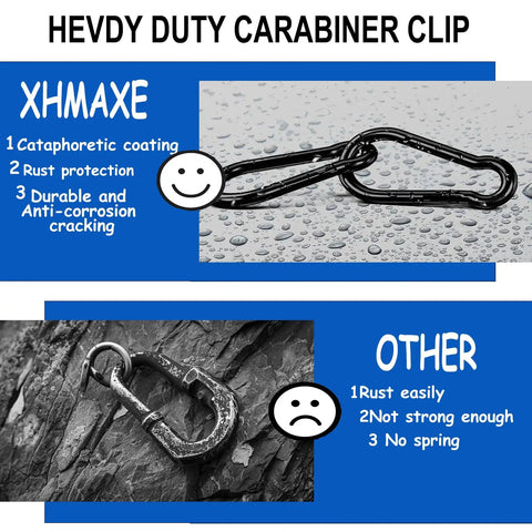 Comparison of black heavy duty carabiner clips on water droplets background versus old, rusted clip on rocks. 20 Pack Heavy Duty Carabiner Clips 1.57 Inch Snap Hooks Quick Link Buckles For Fishing Camping Hammocks Dog Leashes 110 Lb Capacity Black Perfect For Gear Organization And Rugged Outdoor Adventures.