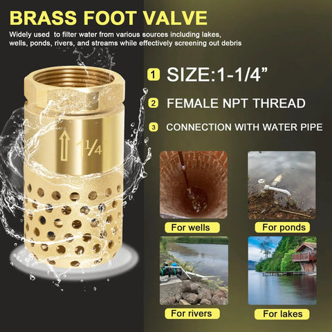 Well Pump Foot Valve 1-1/4 Inch Female NPT Check Valve With Brass Body, Strainer, 0.18 Inch Filter Holes, diagram and usage