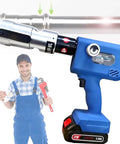 GFJYKDL Rechargeable Electric Hydraulic Pipe Crimping Tool With Adjustable Oil Return Switch For Tube Connections, shown in use with stainless steel pipe.