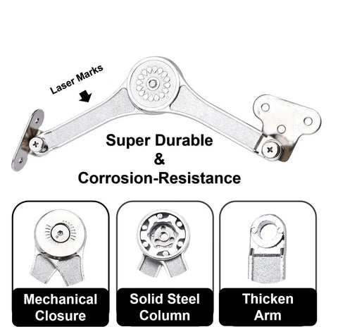 Heavy Duty Lid Stay Hinges With Soft Close For Toy Box, Cabinet And Kitchen Lids, 40lb Capacity shown in corrosion-resistant zinc