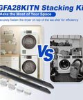 Patented 28 Inch Washer Dryer Stacking Kit for front load laundry, GE compatible bracket, installation and stability, side by side view