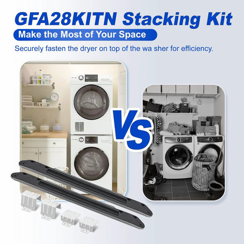 Patented 28 Inch Washer Dryer Stacking Kit for front load laundry, GE compatible bracket, installation and stability, side by side view