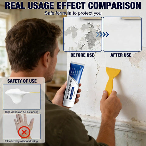 Man using Two Piece Drywall Repair Kit With Wall Patch Paste Scraper And Sandpaper Quick Crack Filler DIY Home Fix Patch Paste Repair Kit For Plaster Walls Mending Agent For Seamless Repairs to fix a wall