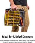 Person carrying shallow toolbox with organizer bins for garage or shop, part of Six Drawer Rolling Tool Storage Cart With Shallow Toolbox And Organizer Bins For Garage Or Shop Mobile Organization Easy Access And Durable Construction