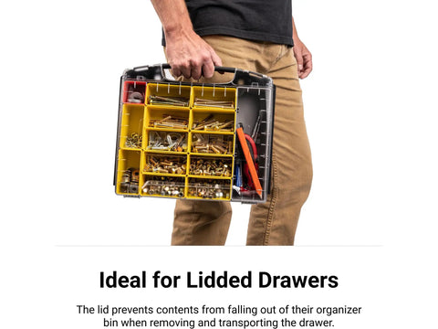 Person carrying shallow toolbox with organizer bins for garage or shop, part of Six Drawer Rolling Tool Storage Cart With Shallow Toolbox And Organizer Bins For Garage Or Shop Mobile Organization Easy Access And Durable Construction