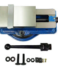 Top view of Beefy 5 Inch Milling Machine Lockdown Vise With Swivel Base And Hardened Ductile Iron Construction For CNC Machining.