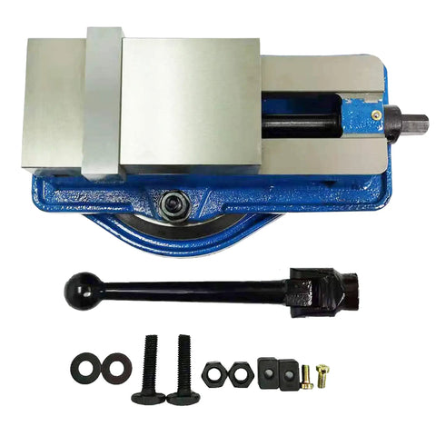 Top view of Beefy 5 Inch Milling Machine Lockdown Vise With Swivel Base And Hardened Ductile Iron Construction For CNC Machining.