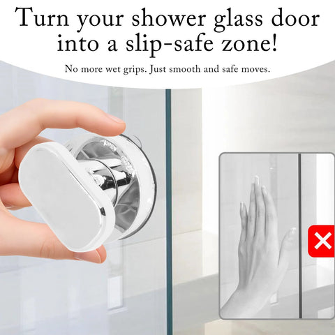 Two Piece Suction Cup Handle Set for shower glass doors, silver finish, no-drill removable knob shown in hand, durable ABS plastic.