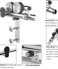 7 Foot Barn Door Hardware Sliding Track Kit In Stainless Steel Heavy Duty For Double Wood Doors With Y Shape Hangers Smooth Quiet Roller Bearings Anti Rust And Corrosion Resistant Supports Up To 220 Lbs Fits Doors Up To 21 Inches Wide shown in various components detailing.
