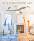 Reversible ceiling fan in indoor setting demonstrating cooling in summer and warming in winter, 42" Low Profile Ceiling Fan with Light, Matte White Wood Blade Flush Mount Fan, Silent Reversible DC Motor, Remote Timer Memory Dimmable LED Light for Indoor Bedroom Kitchen.