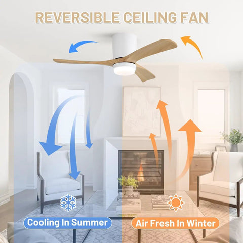 Reversible ceiling fan in indoor setting demonstrating cooling in summer and warming in winter, 42" Low Profile Ceiling Fan with Light, Matte White Wood Blade Flush Mount Fan, Silent Reversible DC Motor, Remote Timer Memory Dimmable LED Light for Indoor Bedroom Kitchen.